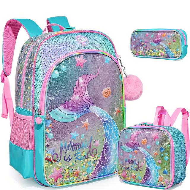 TEMU Mermaid Backpack For Girls Sequin Backpacks For Elementary Preschool Students Kids School Backpack With Lunch Box Gift Package For Teen Girls, Thanksgiving And Christmas Gift For Children