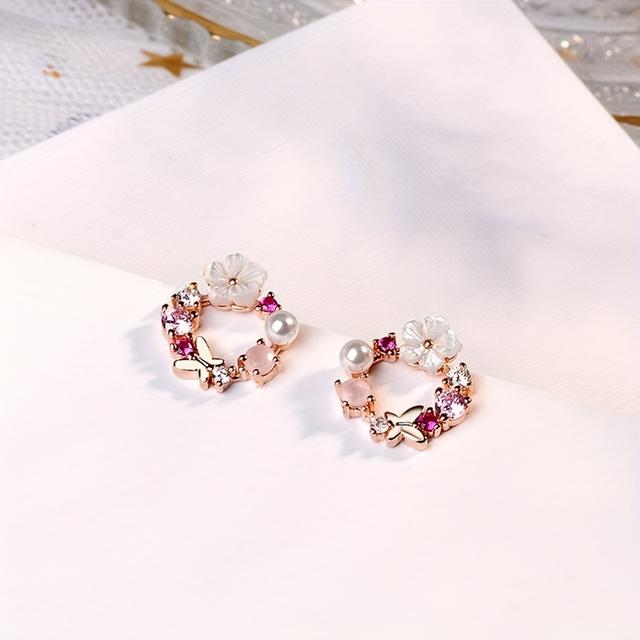 TEMU Elegant Copper Stud Earrings With Shell Flower, Bowknot, And Synthetic Zirconia - With Copper Ear Needle For Gift And Weddings