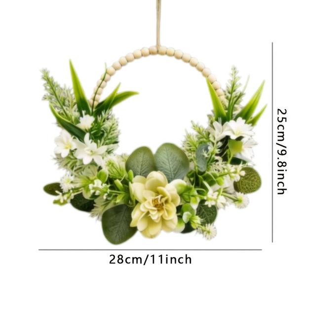 TEMU Spring Floral Wreath With Light Green Flowers And Wooden Beads | Rustic Plastic Wedding Outdoor Decoration Wreath, No Feathers, No Real Plants