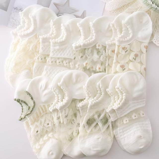 TEMU 5 Pairs Women's Sheer Floral Glass Ankle Socks With Scalloped Trim & Detail | Breathable, Cute Summer & Spring Boat Socks For Casual Wear, Everyday Socks | Fabric, Hand Wash