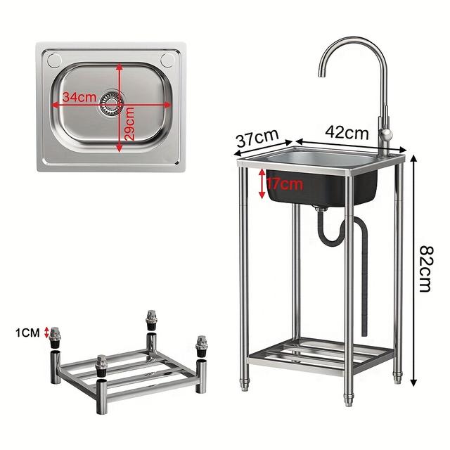 TEMU Freistehende Edelstahlspüle Outdoor Gartenspüle Einzelbecken Multifunktions-Mobilspüle Tragbare Gewerbe-Spüle mit Wasserhahn, für Gartenrestaurant Camping
