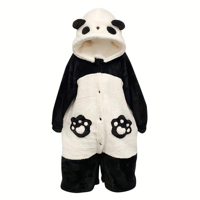 TEMU 1pc de Franela Estilo Preppy Panda - Temática de Animales de Dibujos, Lavable a Máquina, Poliéster, 200-250gsm, Adornos con Parches, Bata de Felpa Gruesa y Larga para el Hogar