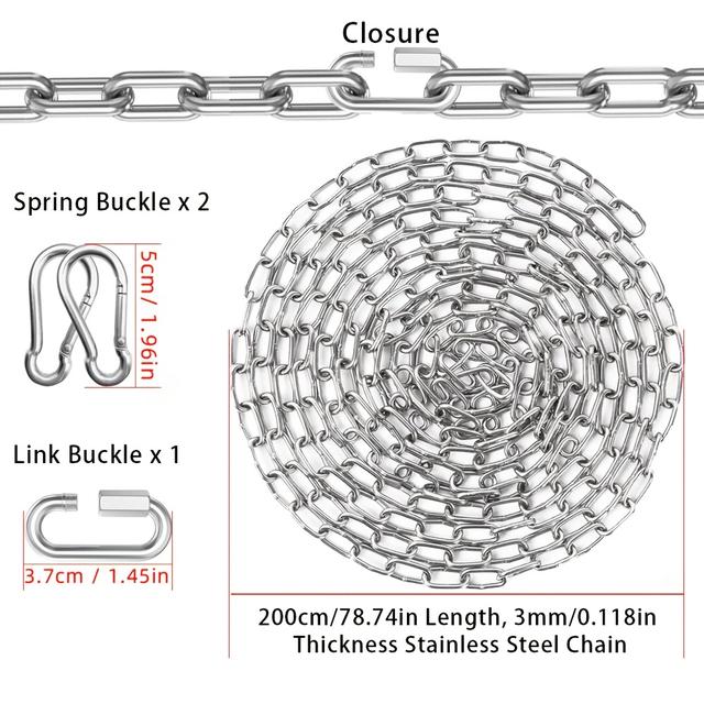 TEMU 1세트 헤비듀티 체인 키트, 3mm 폭 강아지 목줄 포함, 스프링 클립 2개 및 링크 클립 1개. 내구성 강한 금속 체인으로 강아지 훈련, 피트니스 장비 걸기, 야외 그네, 가드레일 액세서리에 적합