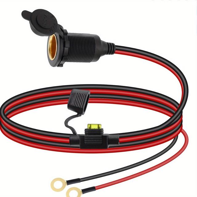 TEMU قابس سيارة نحاسي نقي، 0.85 متر 12V24V مع مقبس ملولب وصندوق فيوز، منفذ طاقة دائري مزود بغطاء غبار وفايز 20 أمبير، مناسب للسيارات والقوارب والدراجات النارية