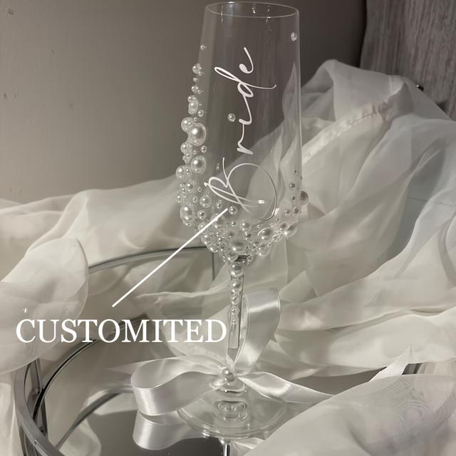 TEMU Personalized Champagne Flute - Engraved Name, Reusable & Recyclable Glass, Elegant Pearl Gift For Bridesmaids Proposal, Wedding Morning, Anniversary - Hand Wash Only, Pearl Jewelry