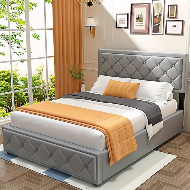 TEMU Gestepptes Doppelbettgestell mit Stauraum, Ottoman-Bett mit Hydraulik, Doppelbettgestell für Erwachsene und Teenager, 140x200 cm, Grau