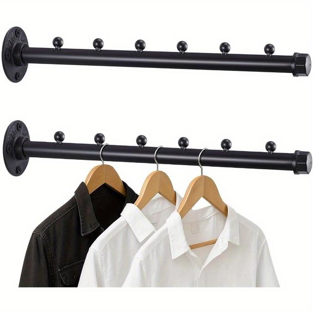 TEMU 2x Industrial Pipe Clothes Rack Heavy Duty Wall Mounted Garment Hanging Rail With Base Vintage Matte Black Steel Rod For Bedroom Closet Laundry Room