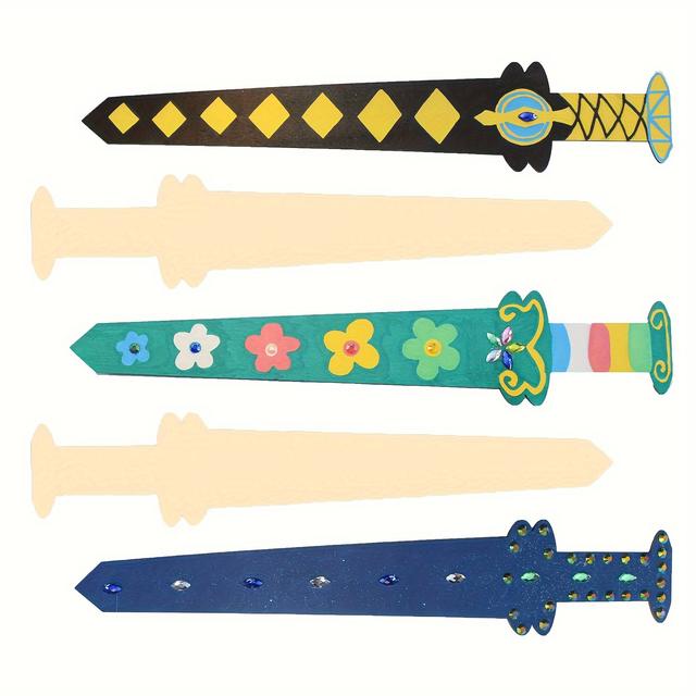 TEMU 5 Holzchipschwerter, Handgemachte DIY Gemalte Holzchipschwerter, Leere Holzchipschwerter, Holzscheren, DIY Craft Schwerter, Spaßschwerter, Gemalte Holzhandwerk, Paste Diamond Holzchipschwerter