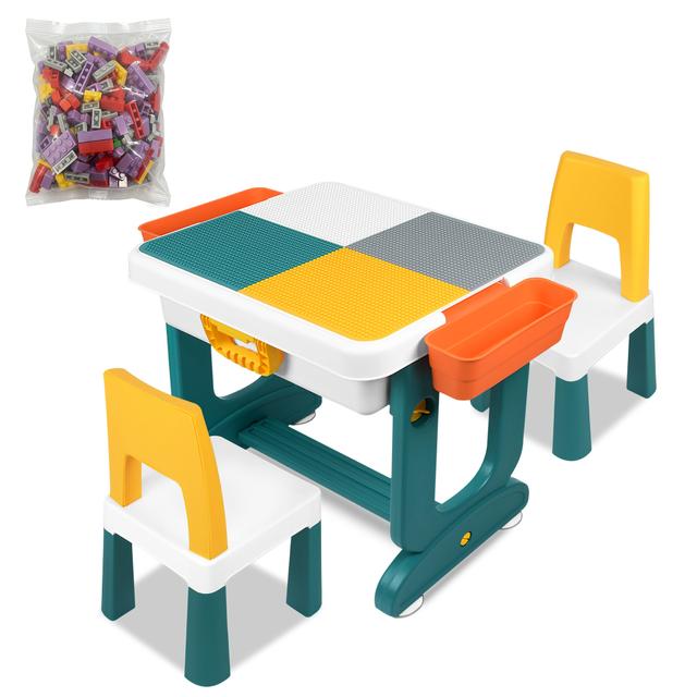 TEMU Kinder speeltafel met 2 stoelen en 300 bouwblokken, multifunctionele activiteitentafel set voor kinderen, bouwtafel en stoelenset met opbergruimte, knutseltafel voor kinderkamer en kleuterschool