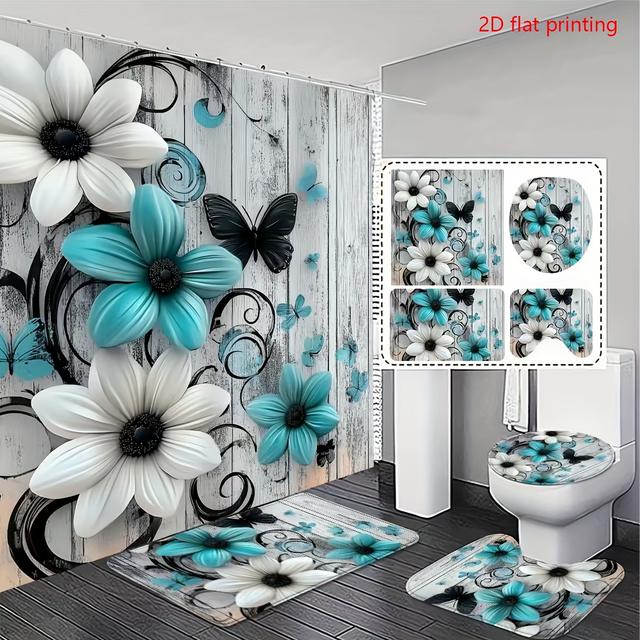 TEMU 2d Flat Printing 1/3/4pc, Fashionable And Simple Stylish Floral Bathroom Set - Shower Curtain And Rug With Exquisite And Practical Home Decoration Gift., 2d Flat