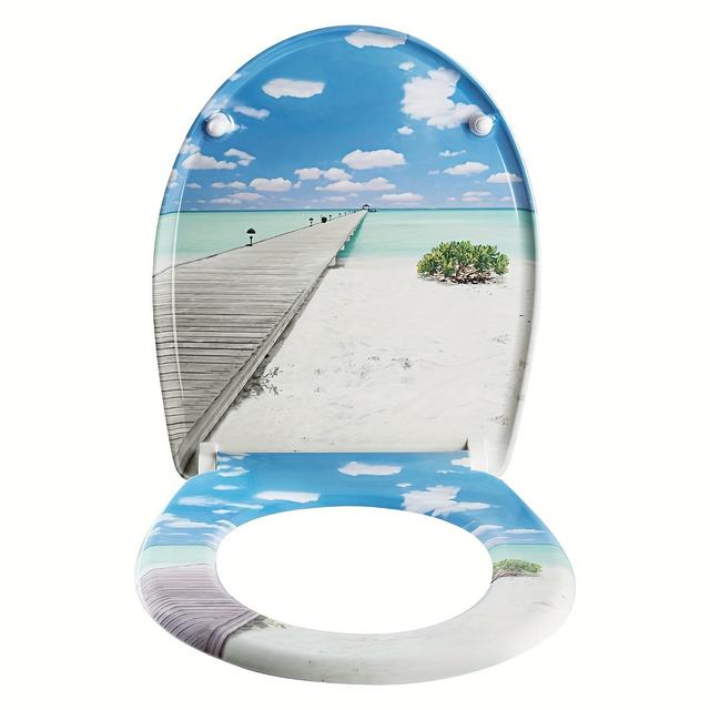 TEMU 1pc Siège de toilette ovale à motif Ocean Beach avec fermeture en , dégagement rapide, charnières réglables, amovible, plastique, bois, non électrique pour accessoire de salle de bain