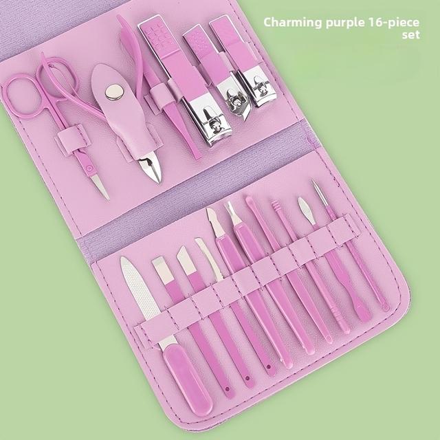 TEMU 3 Colors - 16pcs 14cm/11cm Premium Stainless Steel Nail Care Tool Set With Straight Edge Nail File, Ear Pick, And Scissors - Professional Travel