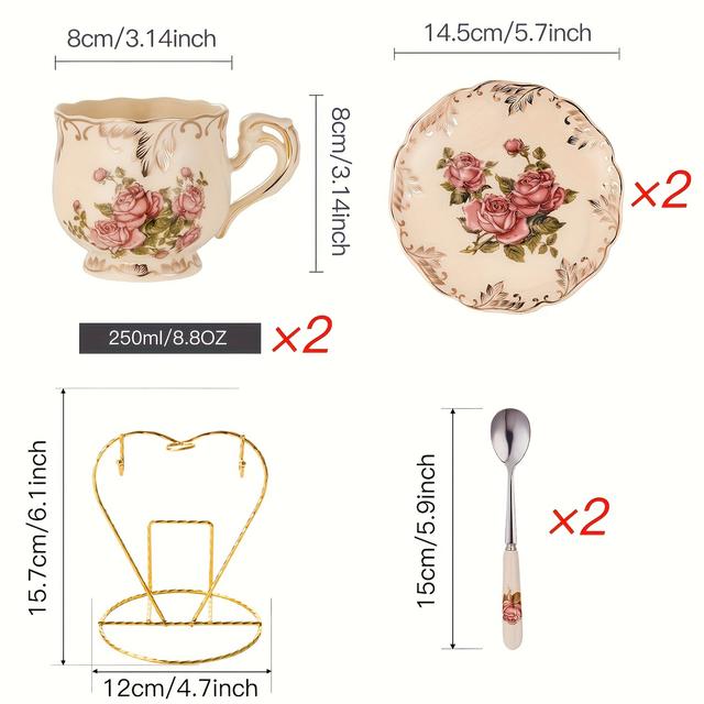 TEMU 7pcs/19pcs Flowering Shrubs Tea Cups And Saucers Set Of 6, Tea Set, Ivory Ceramic Floral Tea Cups Set With Golden Rack, Coffee Cups Set, 8oz