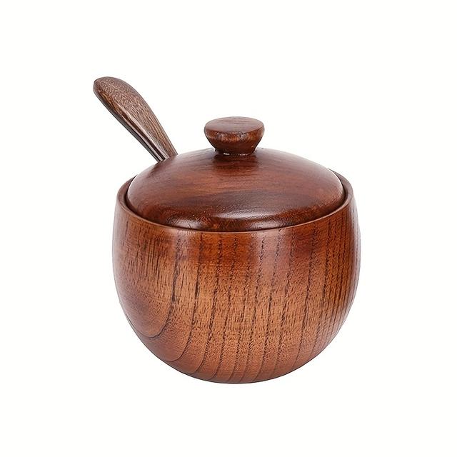 TEMU 1/2pcs Seasoning Jars With Lids And Spoons, Solid Wood Spice Containers, Minimalist Style Wood Condiment Holders For Sugar, Salt, Pepper