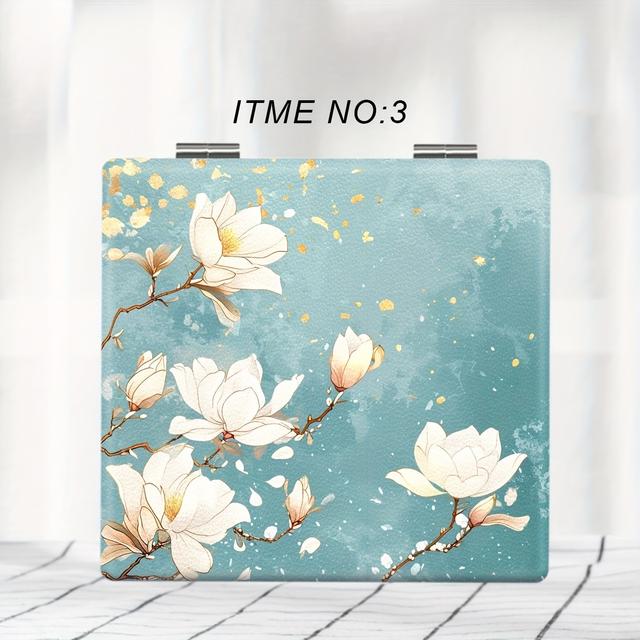 TEMU Ancient Style Floral Print Makeup Mirror Double Side Folding Small Square Mirror Travel Portable Cosmetic Touch-up Mirror Gift For Students Women Sisters