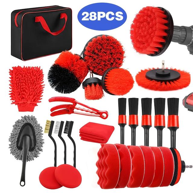 TEMU 28pcs Car Wash Detail Kit, Drill Brush Accessory Kit, Dust Removal Brush, Brush, Polishing And Waxing Sponge Pad, Car Wash Supplies, Cleaning Tools