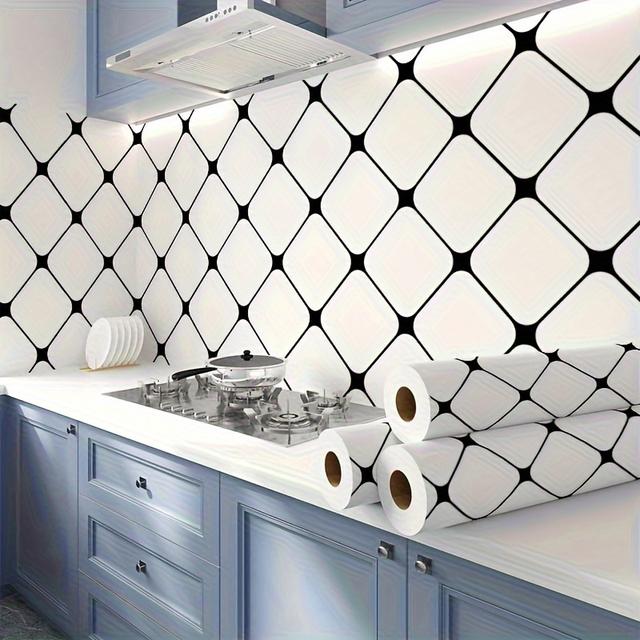 TEMU Chic Black & White Stripe Kitchen Wallpaper - , Self-adhesive Vinyl Backsplash, Waterproof & Oil-resistant For Home Decor