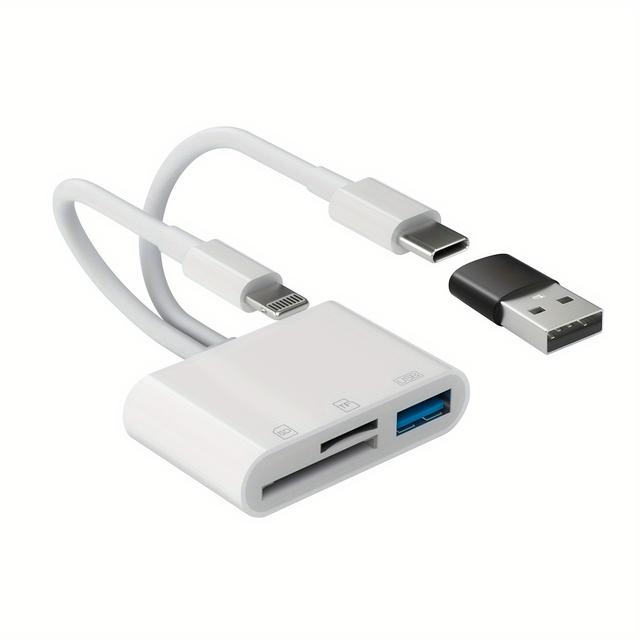 TEMU قارئ بطاقات متعدد الوظائف 3 في 1: إضاءة/Type-C/Usb-A، يدعم قراءة البطاقات SD/TF/USB في وقت واحد، نقل سريع، مصمم لأجهزة iPhone/iPad/Android/PC، قارئ بطاقات محمول لنقل صور الكاميرا
