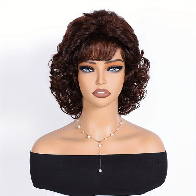 TEMU Chic Brown Curly Wig With Bangs For Women - 10" Long, Breathable Cap, Heat Resistant Synthetic Fiber, & Parties