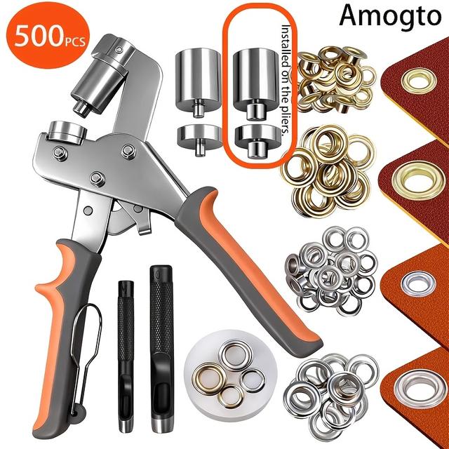 TEMU Kit de Ojales Amogto de Resistencia con Alicates Perforadores de 1/4" y 3/8", 500 Ojales Dorados y para Lonas, Cuero, Tela, Carpas y . una Base de Corte de PE