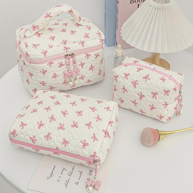 TEMU 3pcs 세트 여성 나비 플리츠 메이크업 가방, 폴리에스터, 대용량 편리한 보관 가방, 다기능 핸드헬드 토트, 진주 귀걸이 지퍼, 알코올 없음, 인쇄 없음, 완벽한 어머니의 날 선물