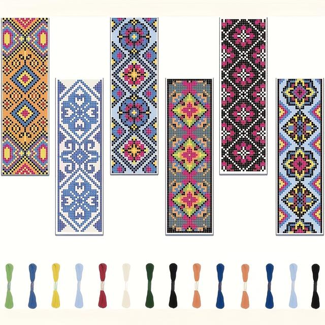 TEMU 6-teiliges DIY Kreuzstich-Lesezeichen-Set mit Vintage-Blumenmuster, Stickerei-Bastelset für Anfänger, Anleitung enthalten - Perfektes Geburtstagsgeschenk, Gemischte Farben, Druck, Zubehör