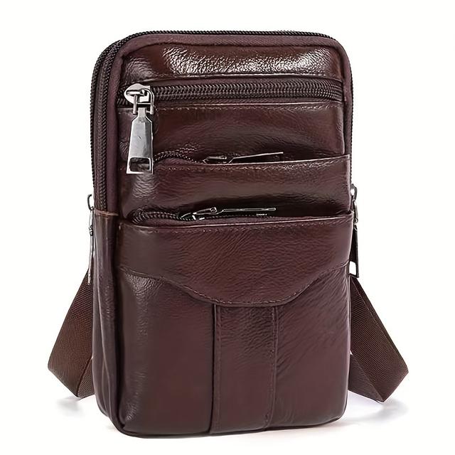 TEMU Men's Genuine Leather Waist Pack - Multi-functional Brown Leather Belt Bag With Phone Pocket, Zippered Compartments & Earphone Hole For Outdoor, Travel & Use, Waist Bag