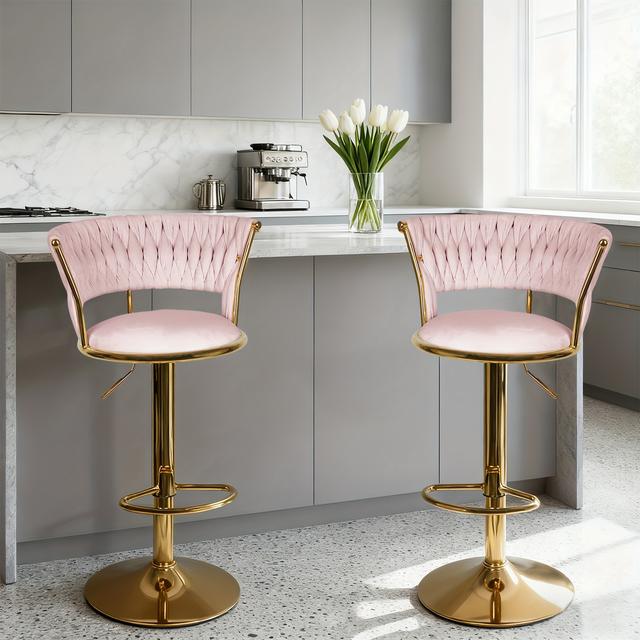 TEMU Luxury Swivel Bar Stool Set Of 2 - Velvet Upholstered Woven Stool, Golden Metal Legs | Height Adjustable 82-100cm, Modern Counter Bar Stool For Kitchen Island, Home Bar/restaurant (2pcs, Pink)