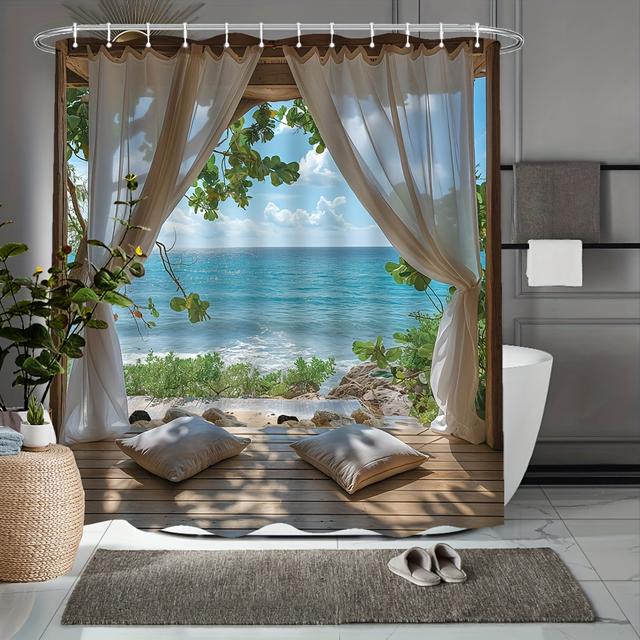TEMU Beach Theme Polyester Shower Curtain With Hooks - Fade Resistant, Machine Washable, Vacation, Shower Curtain, Woven Ocean Scene Bathroom Decor - Includes 1 " X " Design