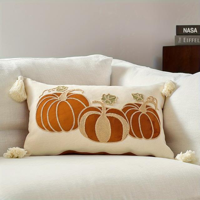 TEMU Chic Fall Pumpkin Throw Pillow Cover 12x20 Inch - Zippered Lumbar Cushion Case For Halloween & Thanksgiving Decor, Machine Washable Polyester, Living Room Sofa