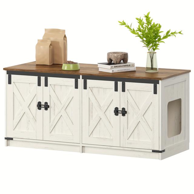 TEMU Hzuaneri Cat Litter Box Cabinet - Style Indoor Cat House With Hidden Compartment, 119x48x53.5cm, Brown & White, Easy Assembly, Durable Cork Material, Cat Hideout, Elegant Pet Furniture, Finish