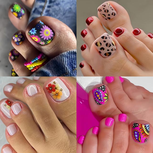 TEMU 1 Set Of 96pcs Of Toe Patches - Summer Fashion Floral Nail Art Set With Glossy Effect - Black And Mixed Colors With Flower And Plant Designs - Square Short Toenails - Removable Nail Patches Set