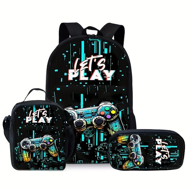 TEMU Casual Fashion Play Letter And Gamepad Print 3pcs Knapsack With Hand Bag And Pouch, Adjustable Strap And Large Capacity, Zip Up, Trendy Backpack For Travel And School