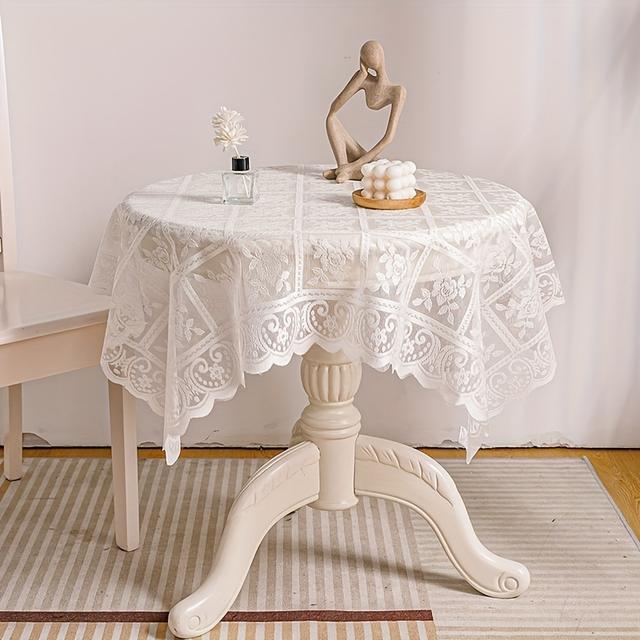 TEMU Elegant White Floral Lace Tablecloth - Rectangular, Durable Polyester, Machine-woven With Intricate Design For Stylish Kitchen & Dining Decor, Kitchen Decor And Accessories