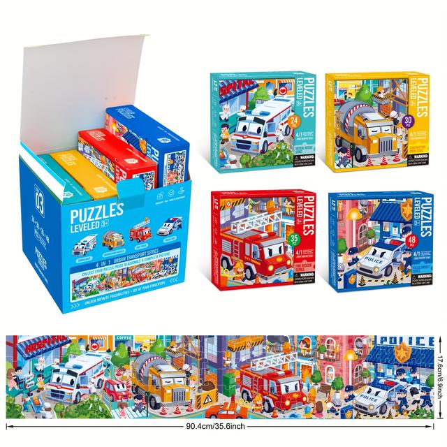 TEMU 4-in-1 Emergency Vehicle For Kids Fire Truck, Police Car, Ambulance, Construction Truck Learning Toys With 4 Scenes Best Gifts For 3-6 Year Old Kids