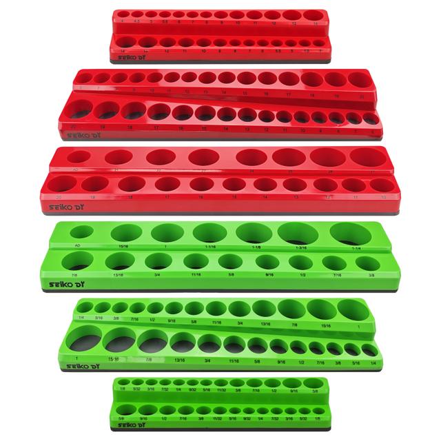 TEMU Magnetic Socket Organizer Set, 6pcs 1/4", 3/8", 1/2" Sae And Metric Socket Rack, Drive Socket Tray, Storage Tool Box, Holds 143 Sockets, Soft Rubber Covered Red And Green Tool