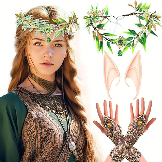 TEMU 3pcs Halloween Headband Leaf Wreath Elegant Costume Headbands With Elf Ears Flower Wreath For Parties Cosplay