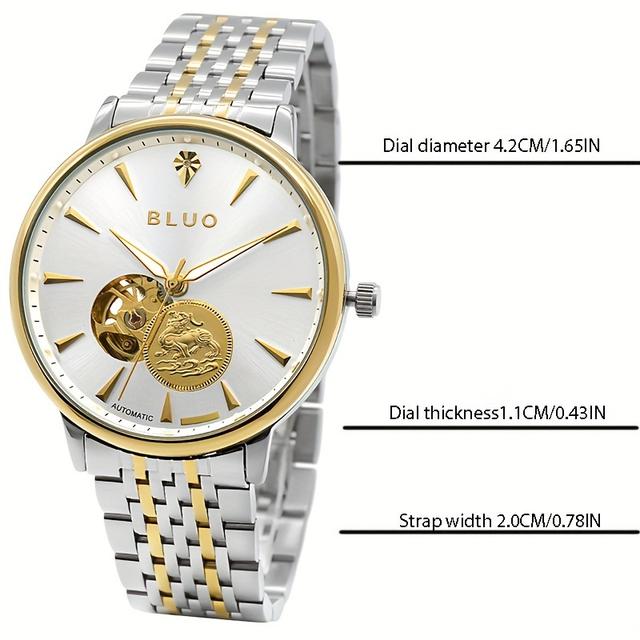 TEMU Bluo Men's Sleek Ultra-thin Automatic Mechanical Watch - Business With Hollow Pixiu Dial & Stainless , For Autumn