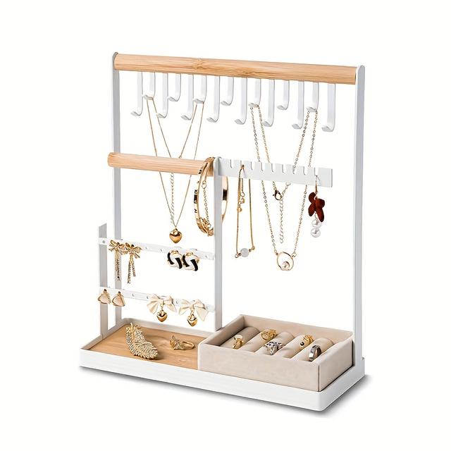 TEMU Schmuckaufbewahrungsständer mit Samt-Ringhalter, 4 Ebenen für Schmuckhalterungen, 15 Haken für Ketten und 16 Öhrloch-Ösen, weiß – Ideal als Weihnachtsgeschenk, Schmucktürme