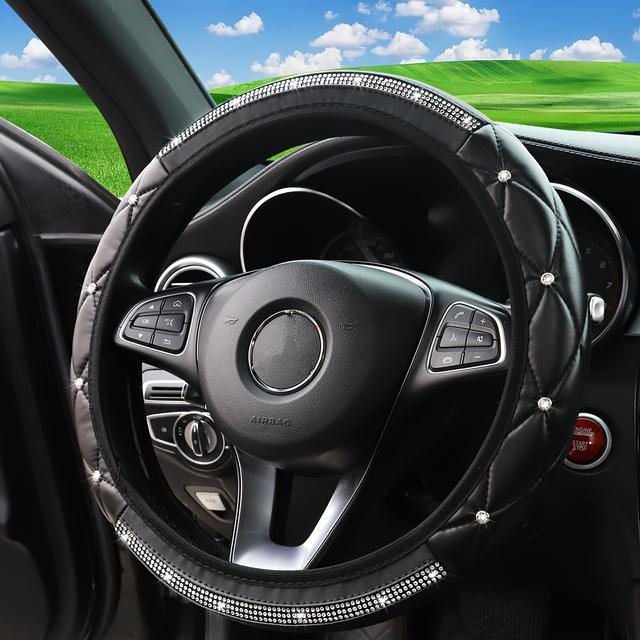 TEMU ปลอกพวงมาลัยหนัง PU สามมิติ 1 ชิ้น ประดับเพชรเทียม แบบ ไม่มีวงใน เหมาะกับพวงมาลัยขนาด -15 นิ้ว