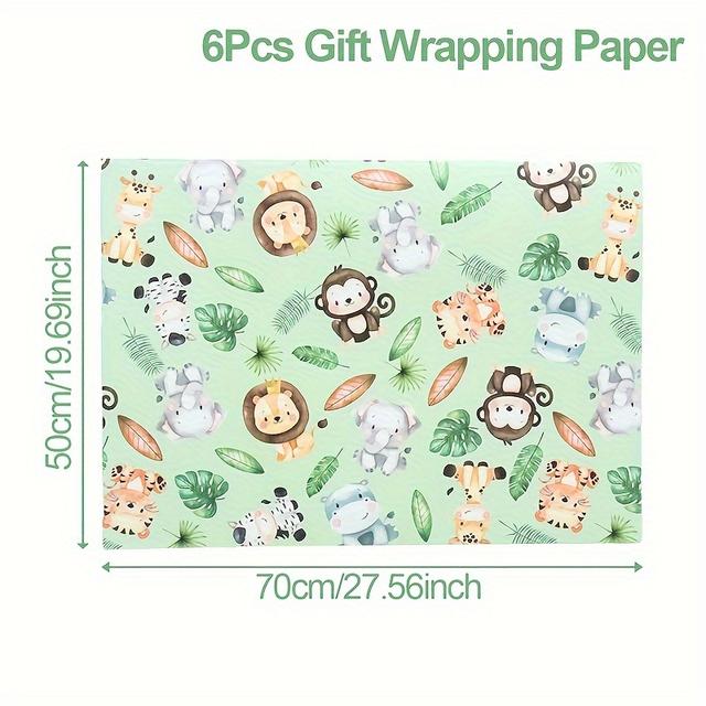 TEMU 6 balení dárkového papíru s zvířat z džungle, světle zelený obal na párty v lese, na narozeniny, 1. narozeninová oslava papírových rolí