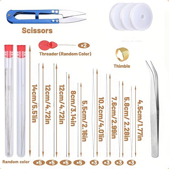 TEMU Juego de Agujas para Abalorios, 20 Piezas de Agujas Largas Rectas, 12 Piezas de Agujas con Ojo Grande y Hilo para Abalorios, Cuerda, Accesorios para de Joyería