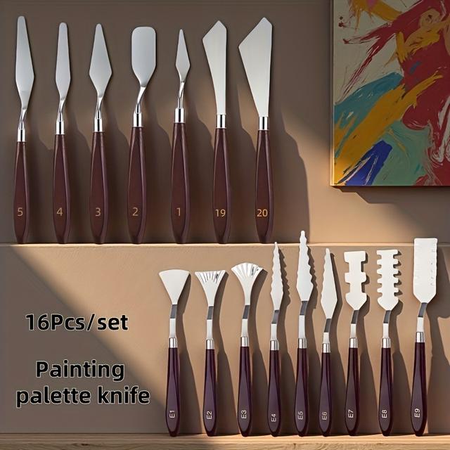 TEMU 16pcs Stainless Steel Palette Knife Set, Paint Spatula, Color Mixing Tool, Multi-functional Professional Painting Scraper For Gouache, Acrylic, And Oil Paints