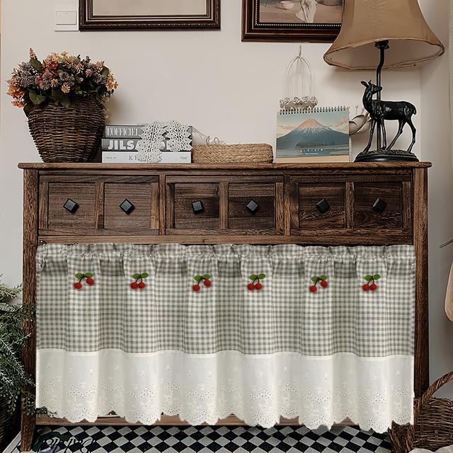 TEMU 1 Panel Rustic Style Cherry Short Valance Curtain, Classic With Stitched Flower Embroidery Lace, Vintage Coffee Half Curtain For Kitchen, Den, Sink Shade - Rod , Light-filtering Fabric