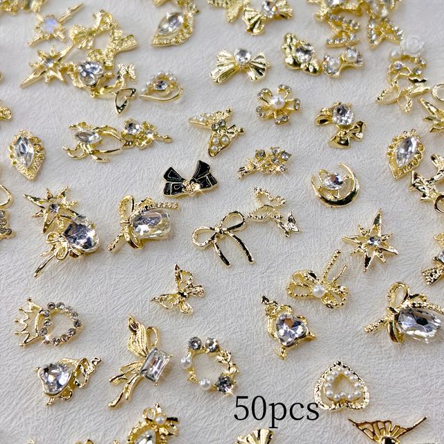 TEMU Luxury Alloy Pendant Set: 50pcs Collection With Rhinestones, Pearls, And Golden, Black Pendants For Art