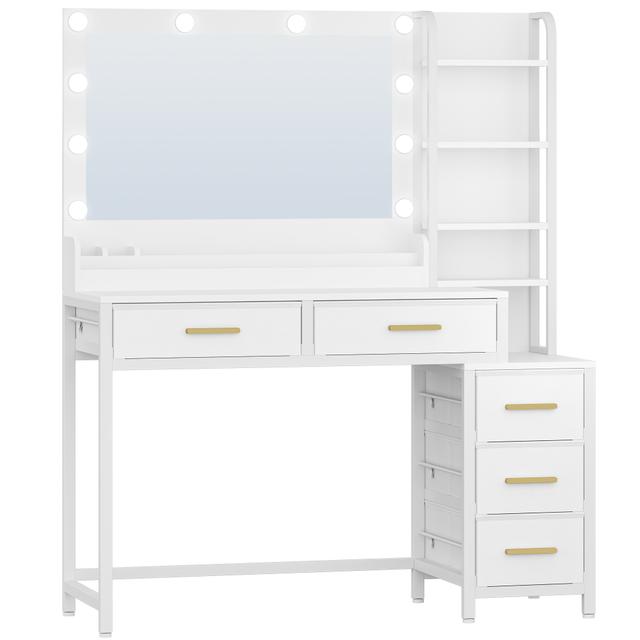 TEMU Vanity Dresser With Large Mirror, Featuring 5 Drawers, 5 Open Compartments, Storage Space In Front Of , Modern, White, 40 × 110 × 141cm