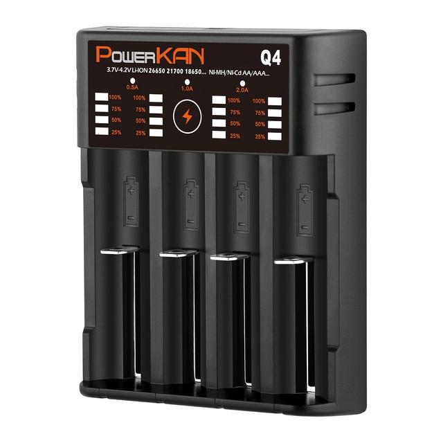 TEMU Powerkan Q4 Battery Charger For 4 1.2vni-mh And 3.7v Li-ion Batteries 21700 18650 20700 10440 14500 18500 16340 17500 26650 32650 Aaa Aa A Sc C F6 Battery Charging (type-c Usb Cable)
