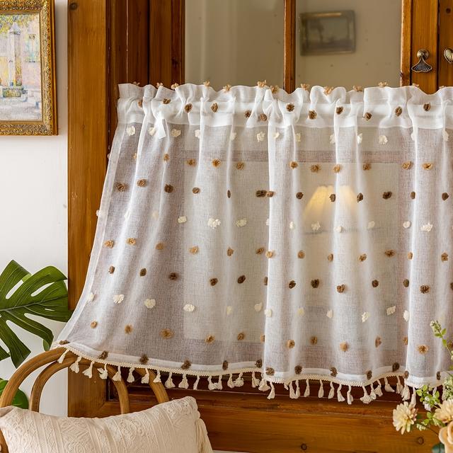 TEMU 1-panel Fashion Tufted Tassel Lace Sheer Small Curtain, Rod Pocket Hanging, Suitable For Living Room, Bedroom, Balcony, Kitchen, Window Decoration, Etc.