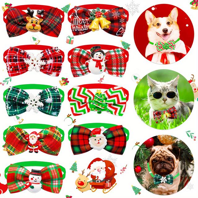 TEMU 10 pzs de pajaritas de Navidad con diseño de dibujos animados para perros, corbatas festivas para mascotas con diseños de muñeco de nieve, árbol y ciervo para gatos y perros.
