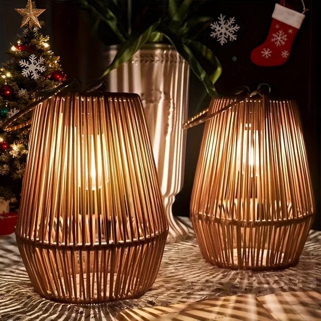 TEMU 2pcs Solar Lanterns Outdoor/ - Solar Powered Hanging/standing With -like Wicker-like Design, 1000mah Battery & Lighting For Garden, Patio, Balcony, Yard, Glowing Cylinders (low Voltage For /pets)
